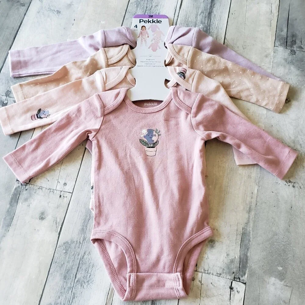 NWT 4 Pack Long Sleeve Pink Tone Earth & Flower Organic Cotton Onesie - Size 3M